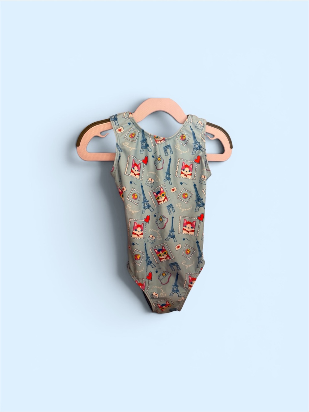 Girls Blue Eiffel Tower & Fox Print Gymnastics Leotard - Picture 1 of 2